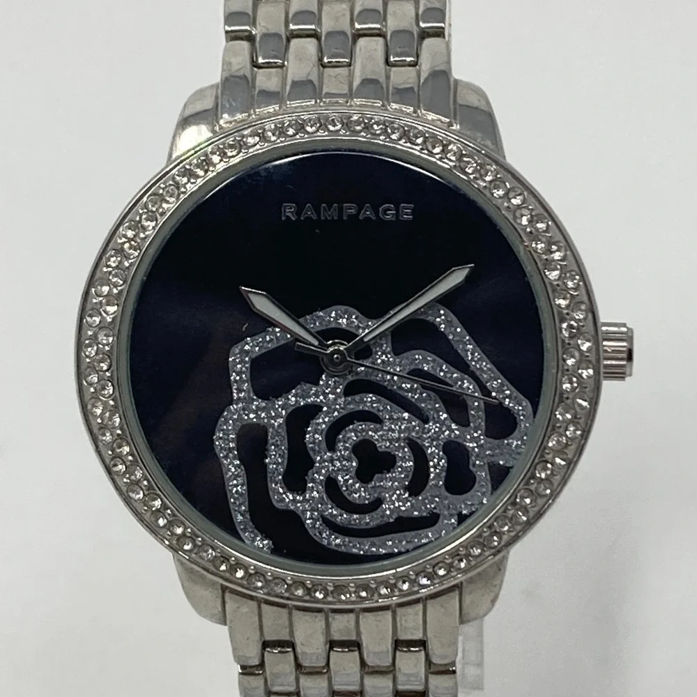 Rampage Womens Watch 36mm Floral Crystals Silver Tone Black Bling New Battery 8